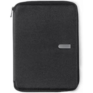 A black zippered folder with a plain silver embellishment and a simple design. It features a smooth texture.