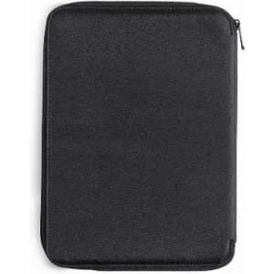 A zipped black pouch with a smooth texture, featuring an outer logo or branding.