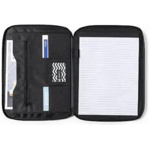 A black zipped folder with a pocket, a cardholder, and lined paper on one side. It features a logo.