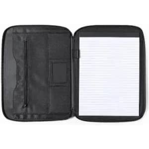 A black folder with a zippered pocket and a lined notepad inside, showcasing a sleek and professional design.