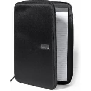 A zipped black folder with a notepad inside, featuring a smooth exterior and a sleek design.