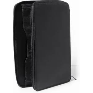 A black zippered storage case with a soft interior and multiple compartments for organisation.