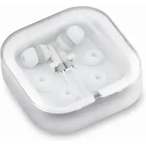 A pair of white earphones in a clear case, featuring a simple design and logo on the case.