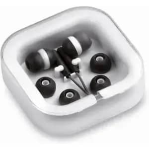 A pair of black earphones in a transparent case with additional earbud tips. The case has a square shape.