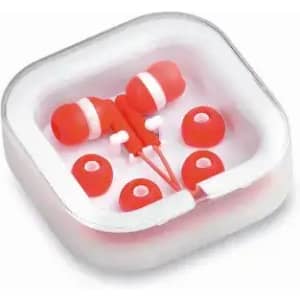 A set of red earbuds in a clear case, with additional earbud tips in various sizes. The case features a logo.