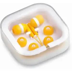 A set of yellow earphones with multiple ear tip sizes, packaged in a clear, square case.