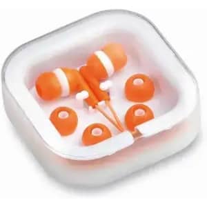 A pair of orange earbuds with multiple ear tips displayed in a white square case.