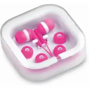 A set of pink earbuds displayed in a clear case, featuring multiple ear tip sizes. The case has a square shape.