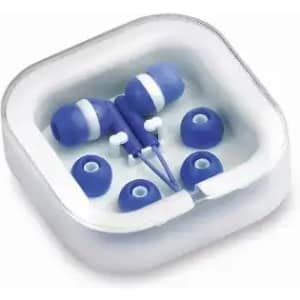 A set of blue earphones in a clear case, with additional earbud tips included. The case is square-shaped.