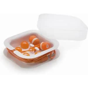 A storage case with assorted orange earplugs inside, featuring a transparent lid. The case has a simple design.