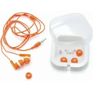 An orange pair of earphones with a transparent case and additional ear tips included.