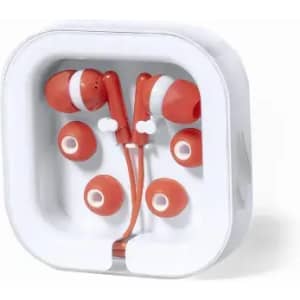 A pair of orange earphones with multiple ear tips, packaged in a white square case that has a logo.