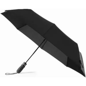 A black umbrella with a sturdy handle and wrist strap, featuring a sleek design and a compact structure.
