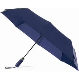 A navy blue umbrella with a black handle, featuring a compact design and a wrist strap.