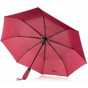 A red umbrella with a sturdy frame and curved handle, featuring a logo on the handle.