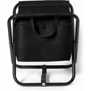 A black cooler bag on a metal frame with a zippered top and handle. The design is sleek and compact.