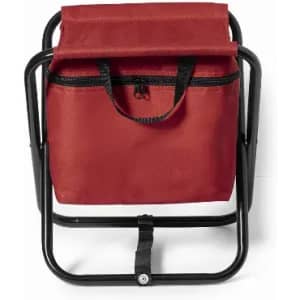 A red insulated cooler bag with a zip and handle, mounted on a black metal frame.