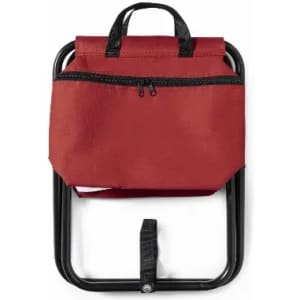 A red foldable chair with a zipped pocket and a black metal frame. It features a handle for easy carrying.