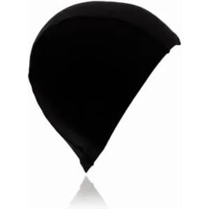 A black swim cap featuring a smooth, sleek design and a fitted shape.