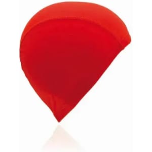 A red swimming cap with a smooth, fitted design, featuring a simple shape and vibrant colour.