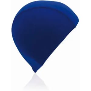 A blue swim cap with a smooth, rounded design and a seam running along the top. It features a logo.