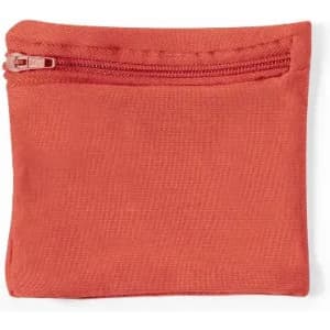 A small, red zipped pouch made from textured fabric, featuring a simple design with no visible branding.