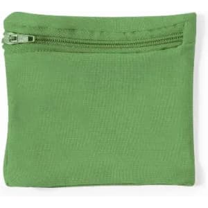 A green pouch with a zip closure, featuring a simple and smooth fabric texture.
