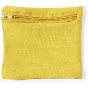 A zippered pouch in a bright yellow colour, featuring a textured fabric.