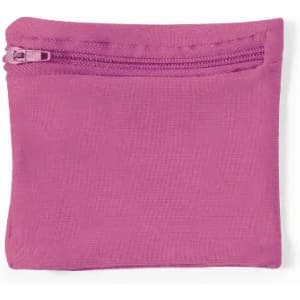 A small pink pouch with a zippered closure, featuring a textured surface.