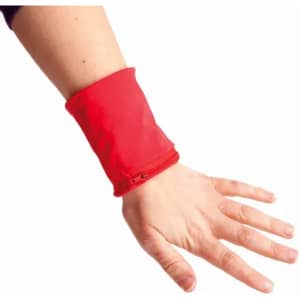 A red wrist pouch with a zipper is worn on a hand, designed to fit snugly around the wrist.
