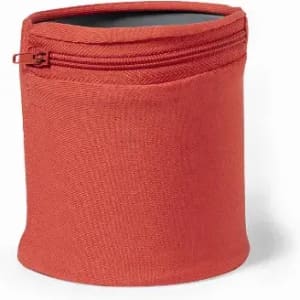 A red insulated drink bottle holder with a zip fastening and a soft fabric exterior. It features a logo on the front.
