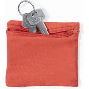 A small orange pouch with a zipper containing a set of keys.