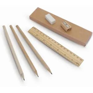 A set of stationery items including three wooden pencils, a ruler, an eraser, and a sharpener in a cardboard box.