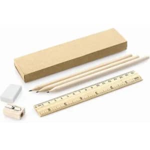 A stationery set featuring two pencils, a ruler, an eraser, and a sharpener, all packaged in a cardboard box.