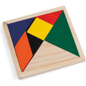 A tangram puzzle featuring various geometric shapes in red, yellow, green, blue, and orange, set in a wooden base.