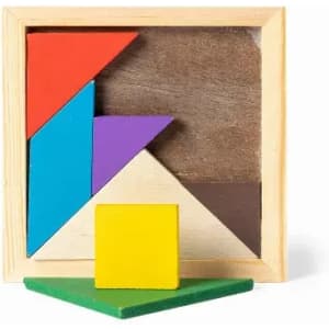 A tangram puzzle with various coloured wooden pieces, including red, blue, purple, yellow, and green, in a square frame.