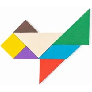 A colourful tangram puzzle made up of various geometric shapes in yellow, purple, red, blue, green, white, and brown.