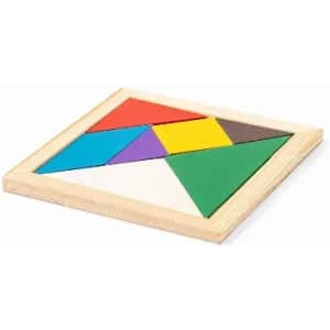 A Tangram puzzle featuring brightly coloured geometric shapes in red, blue, yellow, green, brown, and white on a wooden base.