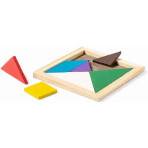A tangram puzzle featuring various coloured shapes including green, purple, yellow, red, and brown, set in a wooden frame.