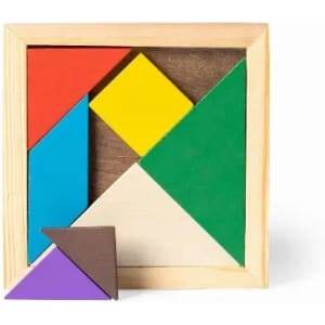 A wooden tangram puzzle with colourful pieces in red, blue, green, yellow, and brown arranged in a square frame.