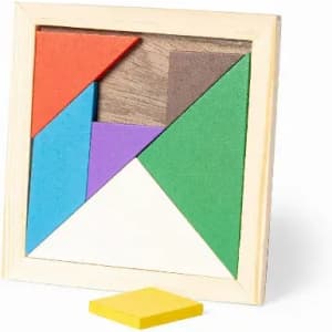 A wooden tangram puzzle with colourful geometric pieces in red, blue, green, purple, yellow, and white.