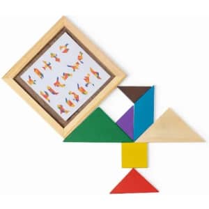 A tangram set featuring various geometric shapes in red, blue, green, yellow, and brown, alongside a framed picture of designs.