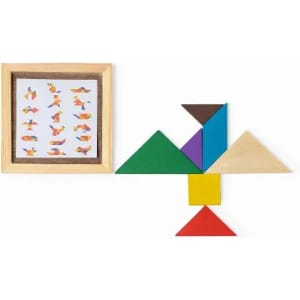 A tangram set featuring colourful geometric wooden pieces arranged into a bird shape, with a guide illustration in a frame.