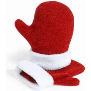 A red fleece mitten with a white cuff, resembling a Christmas-themed design. It has a simple, festive appearance.