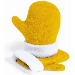 A yellow oven mitt with a white cuff, featuring a fluffy texture and a mitten shape, displayed against a neutral background.