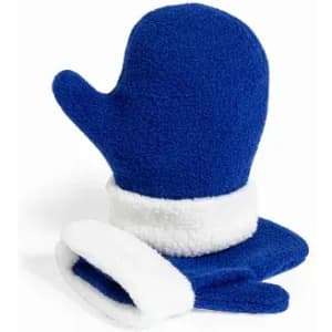 A blue mitten with a white cuff, accompanied by a matching wristband. Soft fleece material is used throughout.