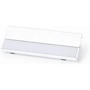 A white promotional product with a sleek design and a logo, featuring a flat, rectangular shape.