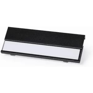 A black promotional product with a smooth, white panel, featuring a logo or branding on the front.