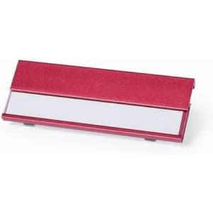 A red promotional product with a glossy finish and a white panel, featuring a logo.