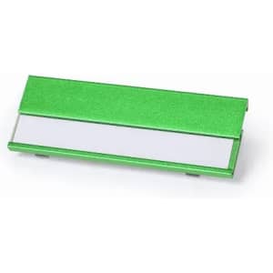 A green promotional product with a shiny finish and a white panel, featuring a logo on one side.
